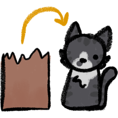 A grey tabby with white marks sitting next to a brown paper bag, theres a yellow area pointing from the bag to the cat